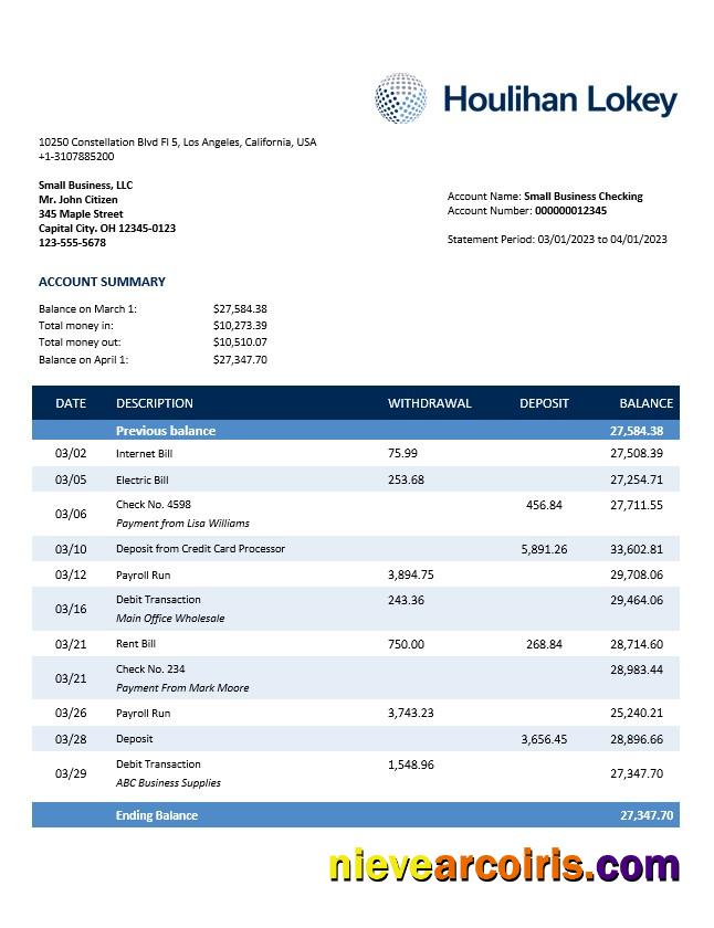 Houlihan Lokey Inc Bank company checking account statement